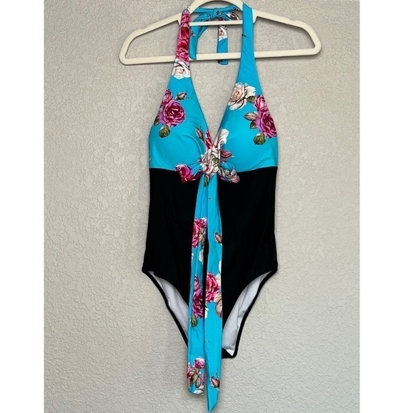 CUPSHE Floral/Black Colorblock Halter Neck High Waist Retro 1 Piece Swim Suit M - Picture 6 of 10